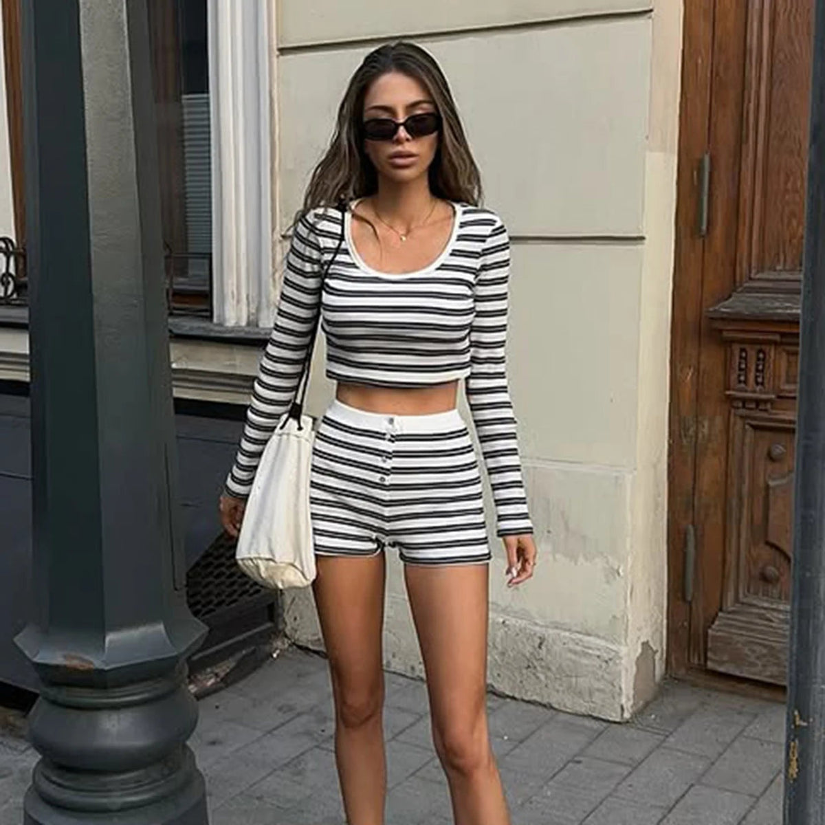 Women's Striped Above Knee Two - Piece Set Polyester Shirt and Shorts Pajama Set - Zeprah