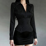 Women's Striped Color Block Regular Fit Long Sleeve Woven Polyester Office Work Blouse - Zeprah