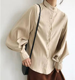 Women's Stylish Long Sleeve Shirt Spring Autumn Design Slimming Stand Collar Lantern Sleeve Casual Button Decoration Solid - Zeprah