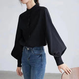Women's Stylish Long Sleeve Shirt Spring Autumn Design Slimming Stand Collar Lantern Sleeve Casual Button Decoration Solid - Zeprah