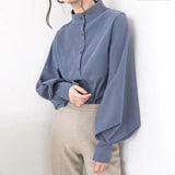 Women's Stylish Long Sleeve Shirt Spring Autumn Design Slimming Stand Collar Lantern Sleeve Casual Button Decoration Solid - Zeprah