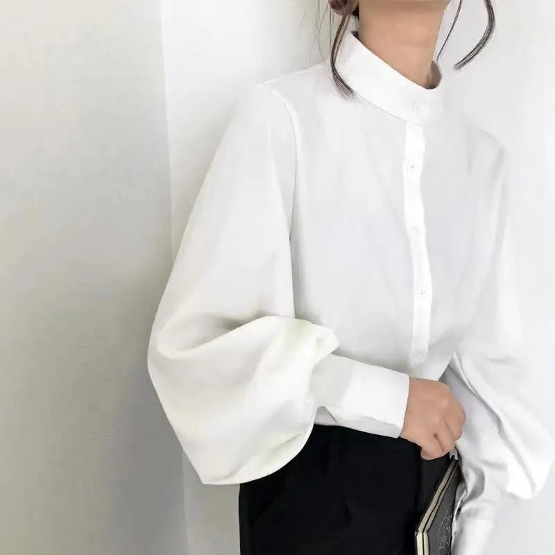 Women's Stylish Long Sleeve Shirt Spring Autumn Design Slimming Stand Collar Lantern Sleeve Casual Button Decoration Solid - Zeprah
