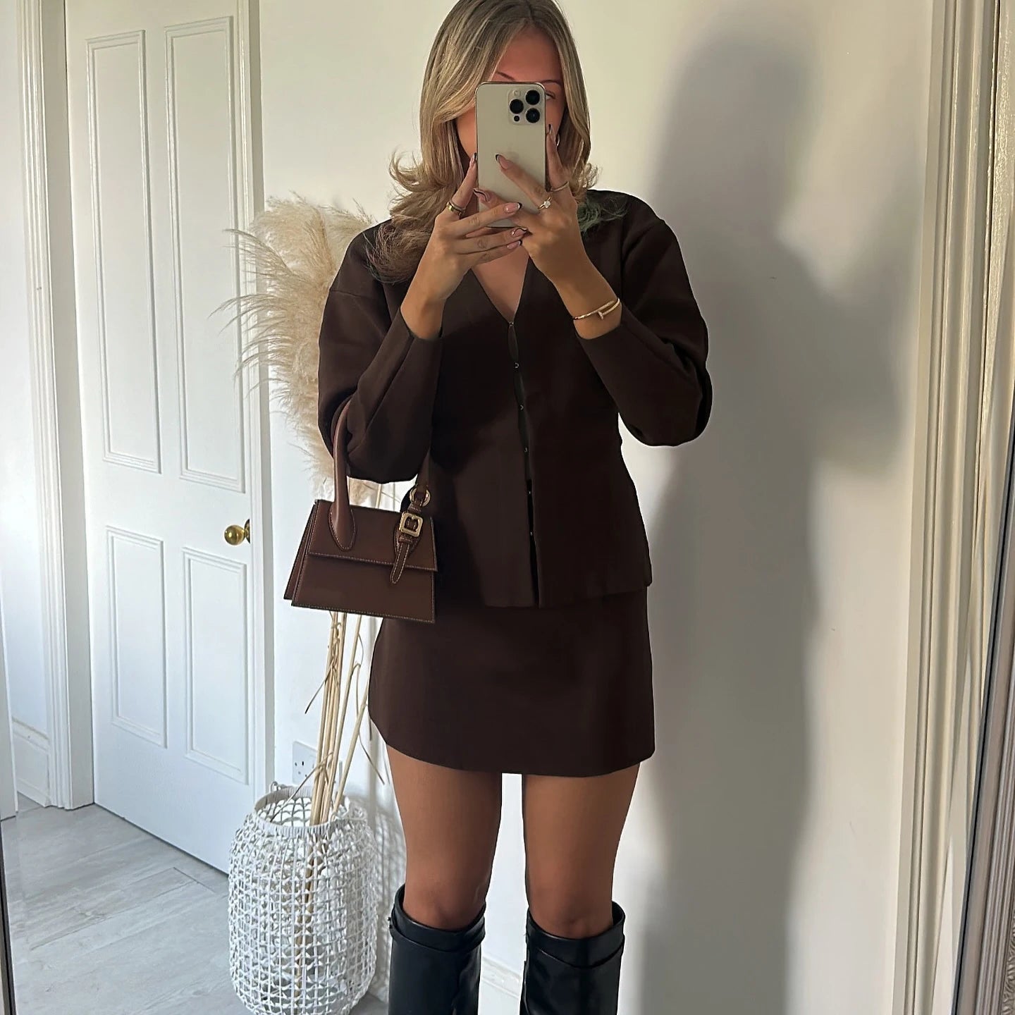 Women's Suit Set Fall Brown V - Neck Blazer with Short Knitting Pencil Skirt 2 - Piece Office Outfit Casual Workwear Loose Fit - Zeprah