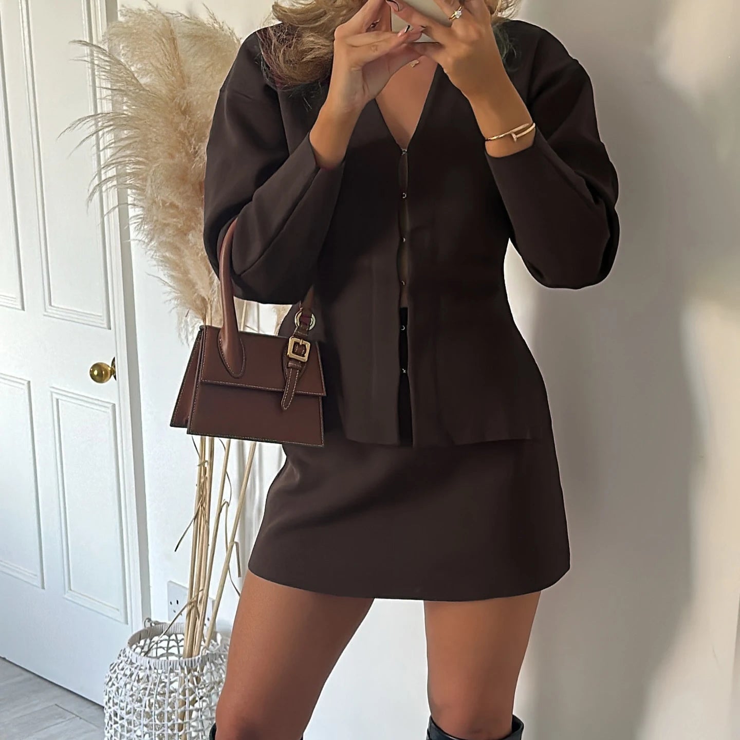 Women's Suit Set Fall Brown V - Neck Blazer with Short Knitting Pencil Skirt 2 - Piece Office Outfit Casual Workwear Loose Fit - Zeprah