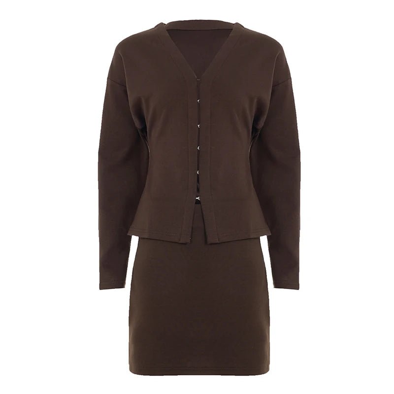 Women's Suit Set Fall Brown V - Neck Blazer with Short Knitting Pencil Skirt 2 - Piece Office Outfit Casual Workwear Loose Fit - Zeprah