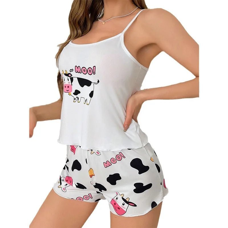 Women's Summer Casual Homewear Set New Cow Pattern Breathable Camisole Pajamas Shorts - Zeprah