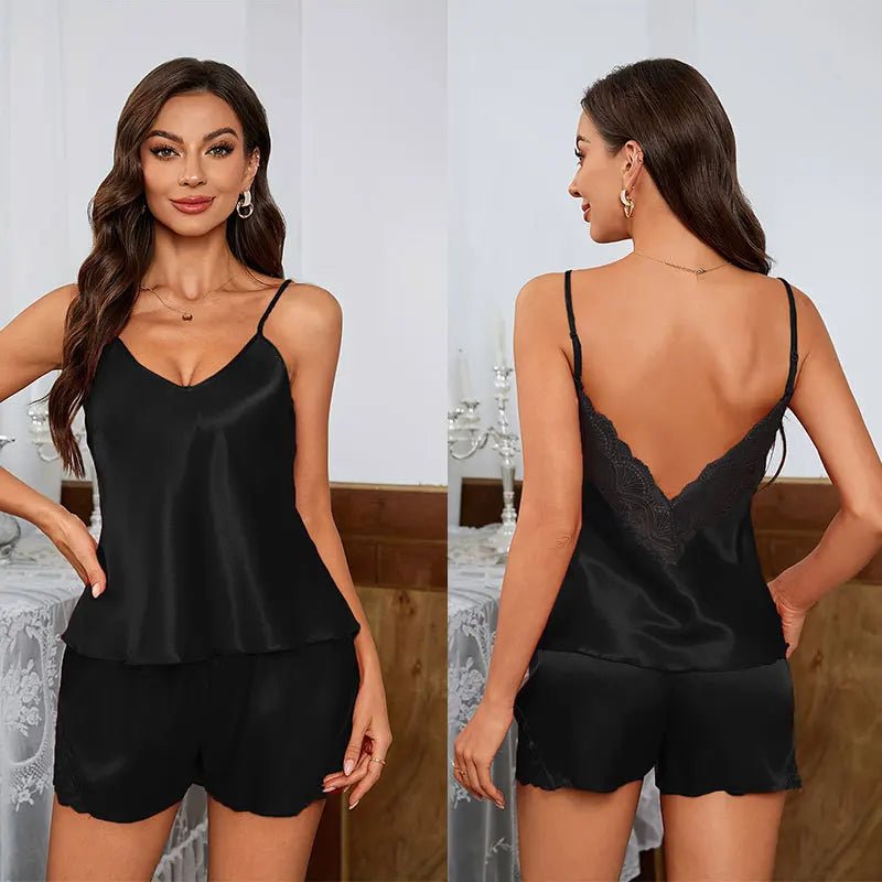 Women's Summer Casual Satin Knee Length Pajamas Set New Thin Short Sling Lace Shorts - Zeprah