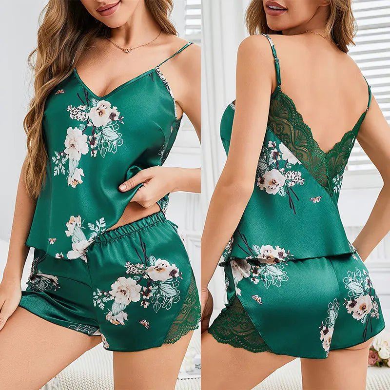 Women's Summer Casual Satin Knee Length Pajamas Set New Thin Short Sling Lace Shorts - Zeprah