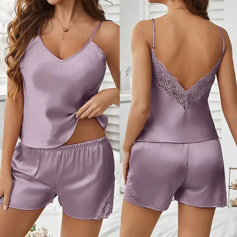 Women's Summer Casual Satin Knee Length Pajamas Set New Thin Short Sling Lace Shorts - Zeprah