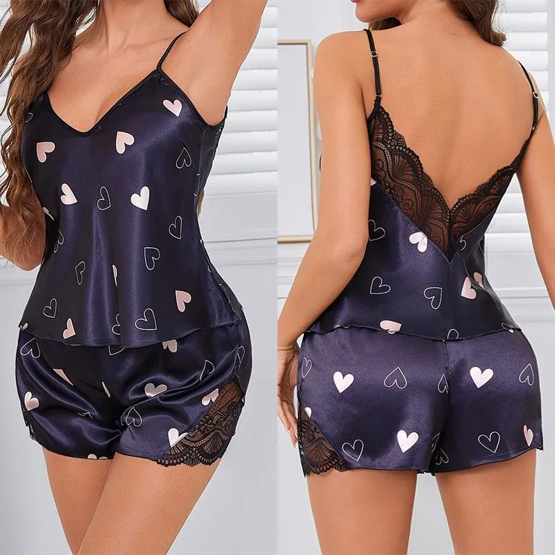 Women's Summer Casual Satin Knee Length Pajamas Set New Thin Short Sling Lace Shorts - Zeprah
