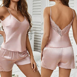 Women's Summer Casual Satin Knee Length Pajamas Set New Thin Short Sling Lace Shorts - Zeprah