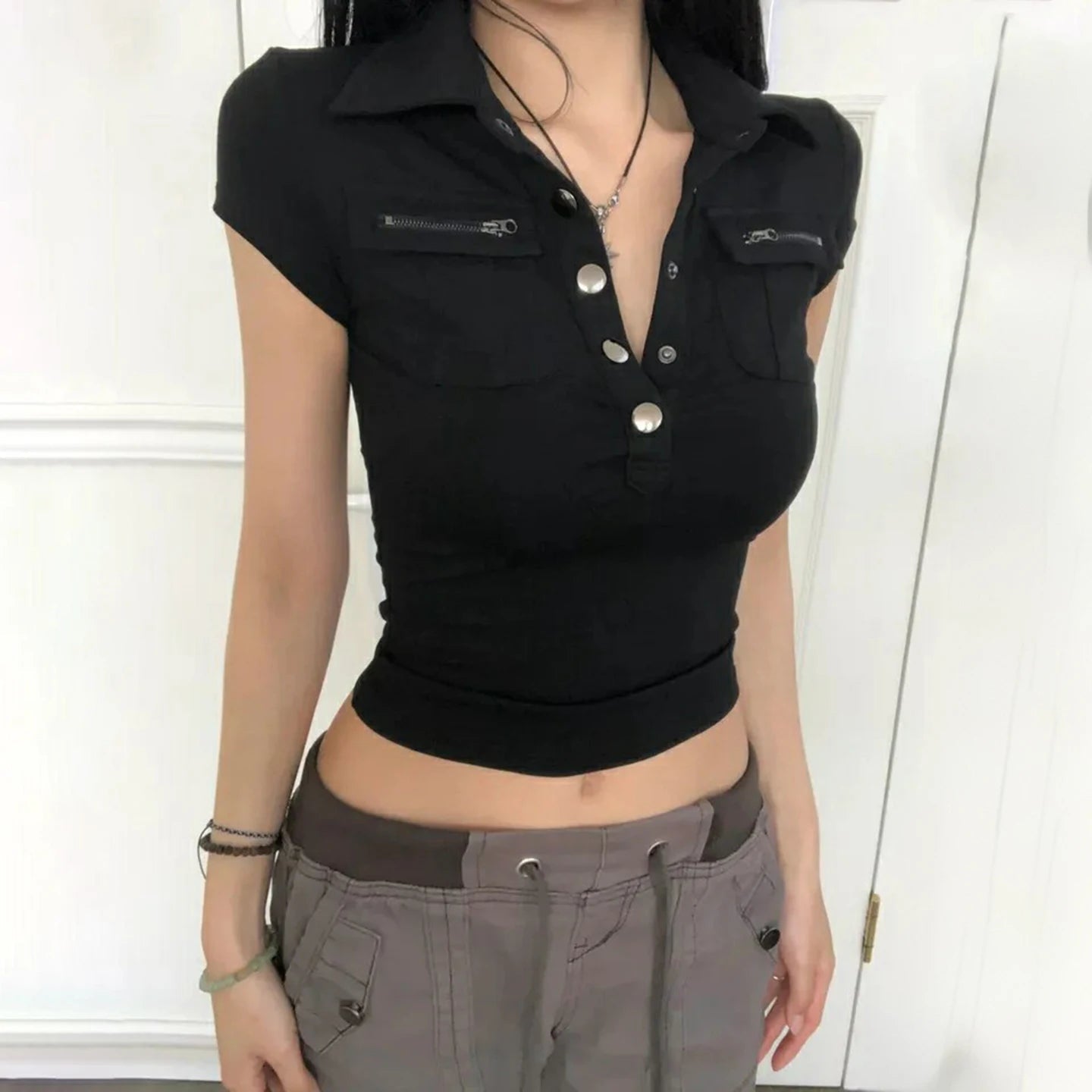 Women's Summer Compressed Cargo for Neck Shirt Zipper Pockets Solid Color Slim Fit Streetwear Top - Zeprah