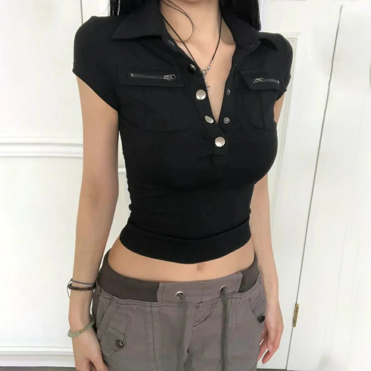 Women's Summer Compressed Cargo for Neck Shirt Zipper Pockets Solid Color Slim Fit Streetwear Top - Zeprah