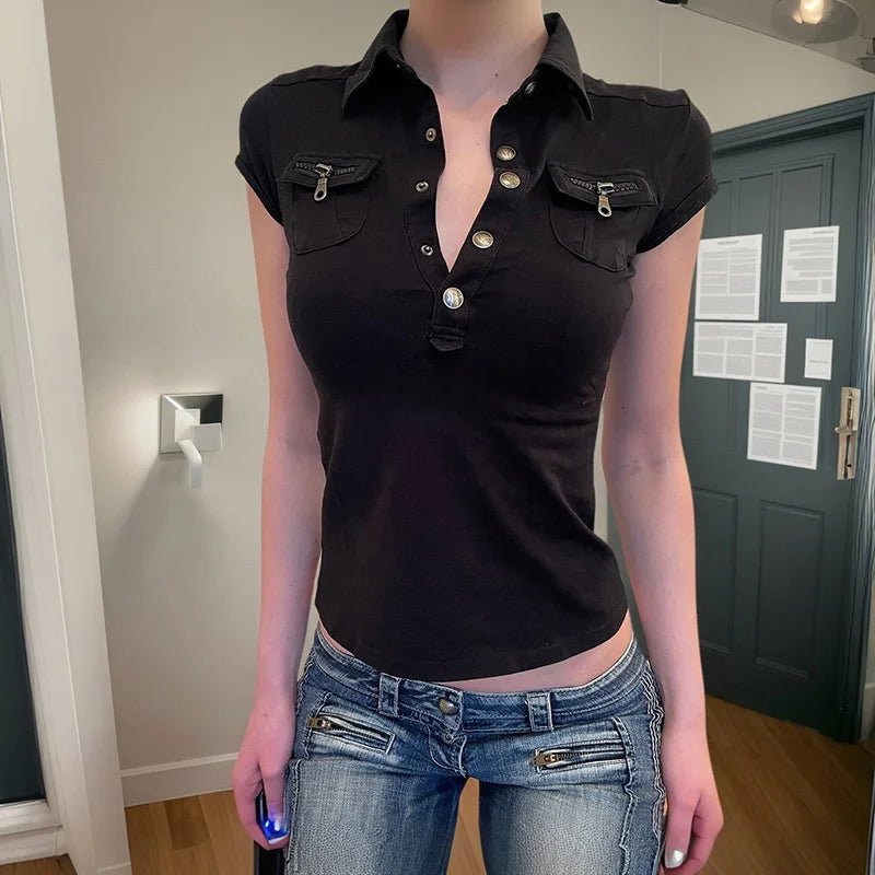 Women's Summer Compressed Cargo for Neck Shirt Zipper Pockets Solid Color Slim Fit Streetwear Top - Zeprah