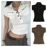 Women's Summer Compressed Cargo for Neck Shirt Zipper Pockets Solid Color Slim Fit Streetwear Top - Zeprah