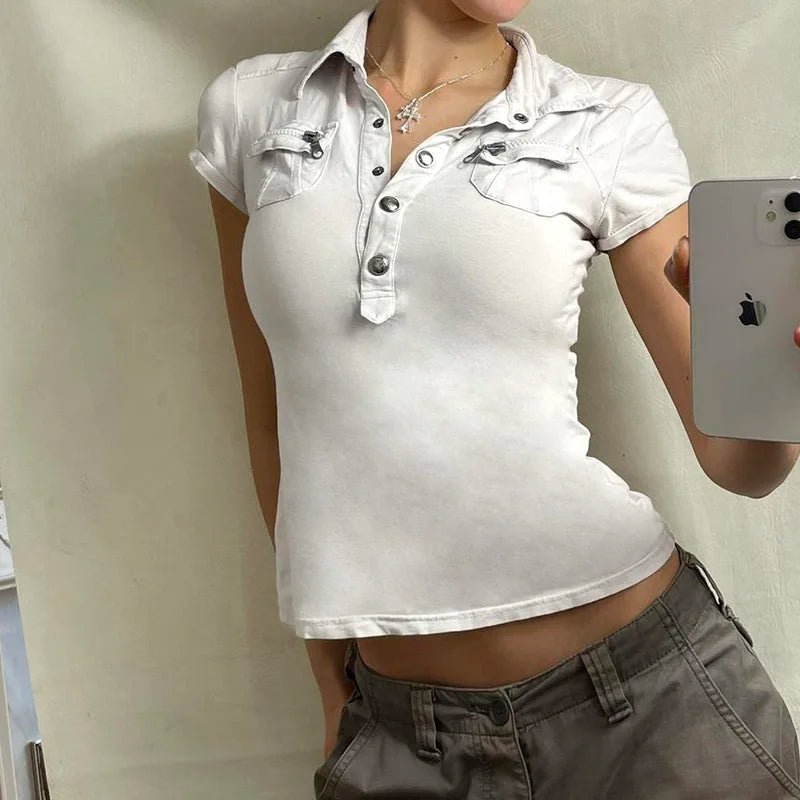 Women's Summer Compressed Cargo for Neck Shirt Zipper Pockets Solid Color Slim Fit Streetwear Top - Zeprah