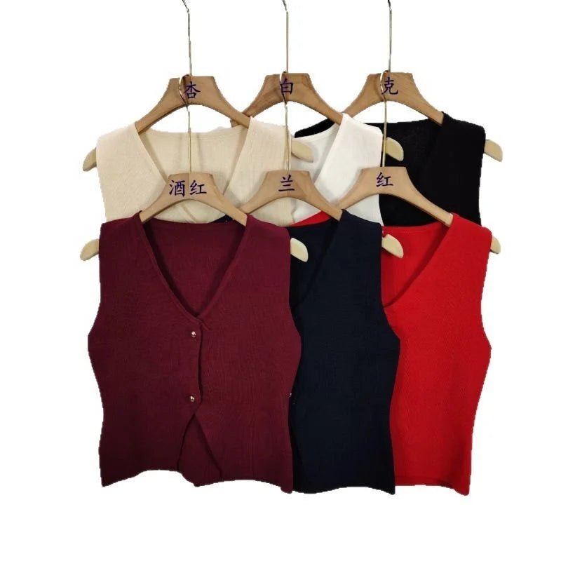 Women's Summer Fashion Gold Button Trim Knitted Vest Top Retro Sleeveless V - neck Elegant Casual Ladies Vest - Zeprah