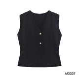 Women's Summer Fashion Gold Button Trim Knitted Vest Top Retro Sleeveless V - neck Elegant Casual Ladies Vest - Zeprah