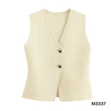 Women's Summer Fashion Gold Button Trim Knitted Vest Top Retro Sleeveless V - neck Elegant Casual Ladies Vest - Zeprah