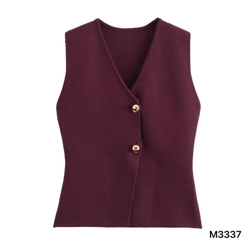 Women's Summer Fashion Gold Button Trim Knitted Vest Top Retro Sleeveless V - neck Elegant Casual Ladies Vest - Zeprah