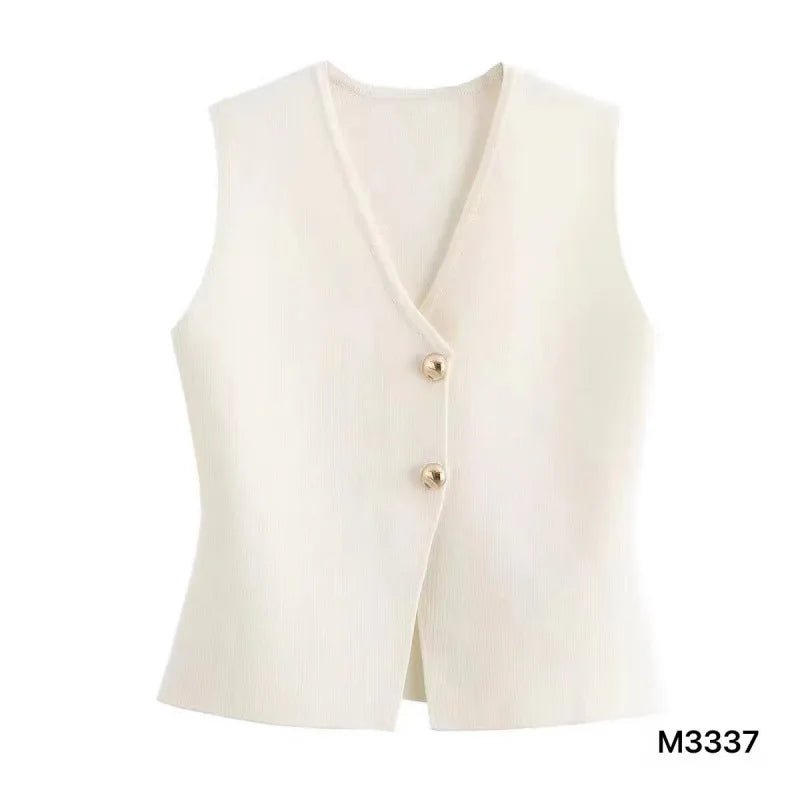 Women's Summer Fashion Gold Button Trim Knitted Vest Top Retro Sleeveless V - neck Elegant Casual Ladies Vest - Zeprah