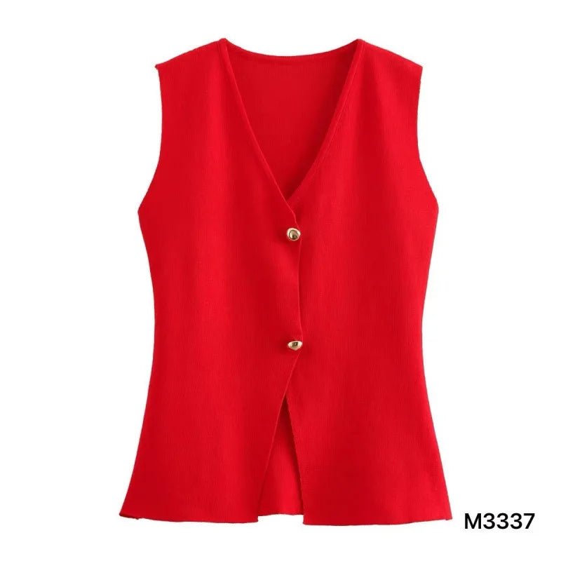 Women's Summer Fashion Gold Button Trim Knitted Vest Top Retro Sleeveless V - neck Elegant Casual Ladies Vest - Zeprah