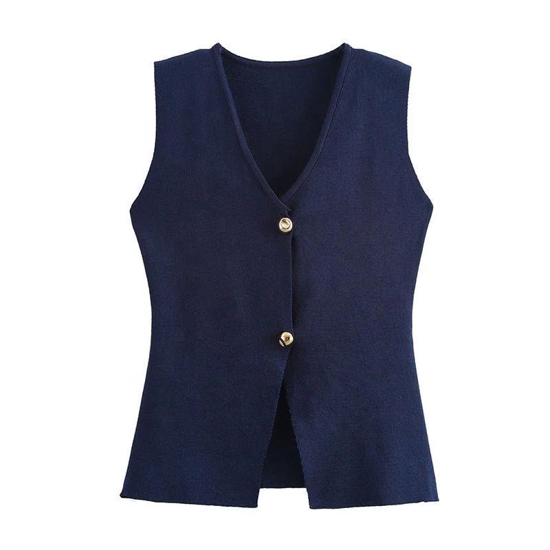 Women's Summer Fashion Gold Button Trim Knitted Vest Top Retro Sleeveless V - neck Elegant Casual Ladies Vest - Zeprah