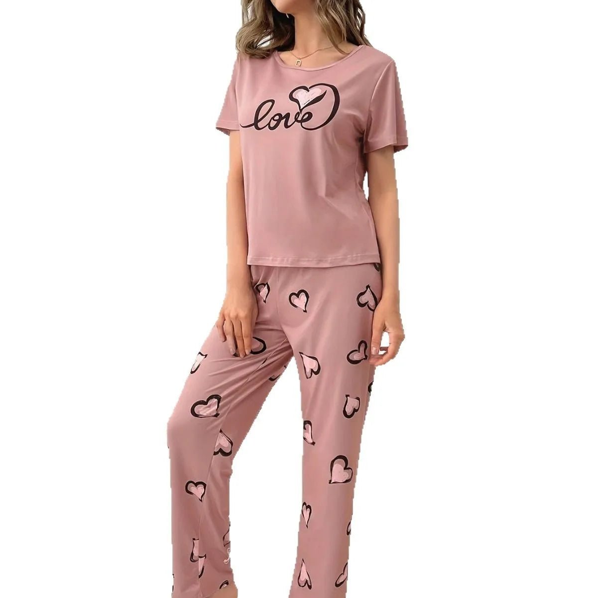 Women's Summer Home Wear Pajamas Casual Comfortable Printed Short - Sleeved Long Pants Elastic Waist - Zeprah
