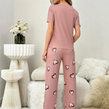 Women's Summer Home Wear Pajamas Casual Comfortable Printed Short - Sleeved Long Pants Elastic Waist - Zeprah