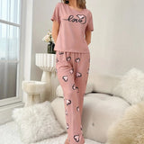 Women's Summer Home Wear Pajamas Casual Comfortable Printed Short - Sleeved Long Pants Elastic Waist - Zeprah