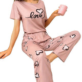 Women's Summer Home Wear Pajamas Casual Comfortable Printed Short - Sleeved Long Pants Elastic Waist - Zeprah