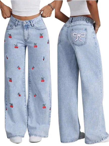 Women's Summer New Loose Cherry Embroidery Design Wide Legs Floor Length Jeans - Zeprah
