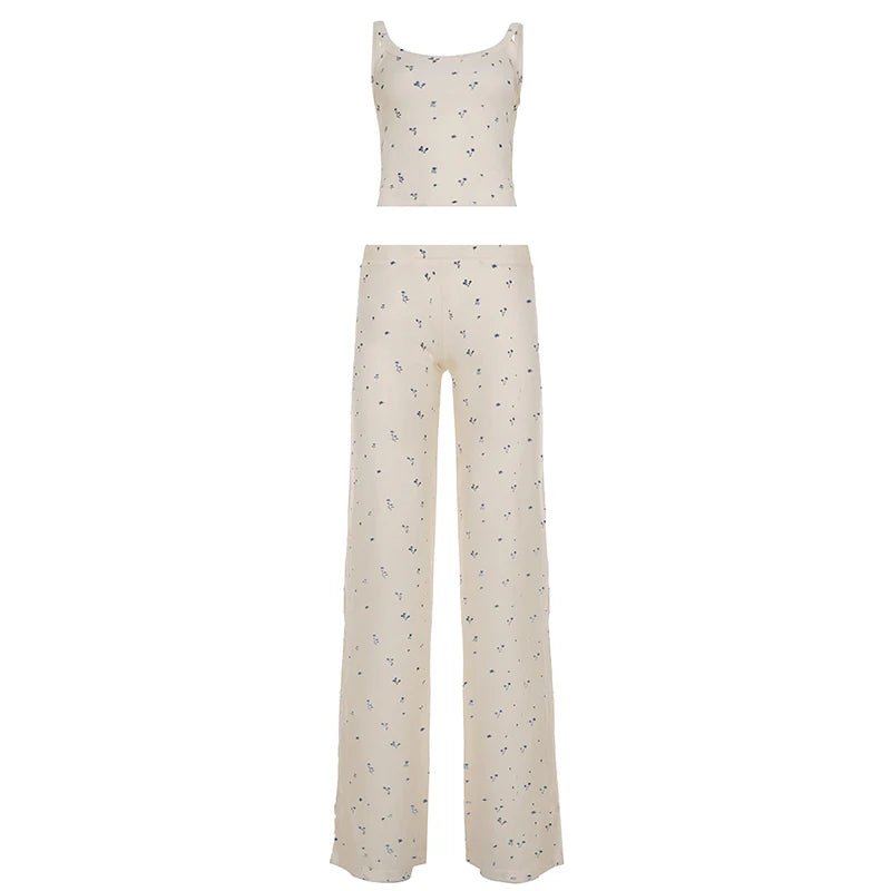 Women's Summer Ribbed Floral Print Sleeveless Knit Top with Skinny Pants Set Casual Loungewear Eco - Friendly Athleisure Outfit - Zeprah