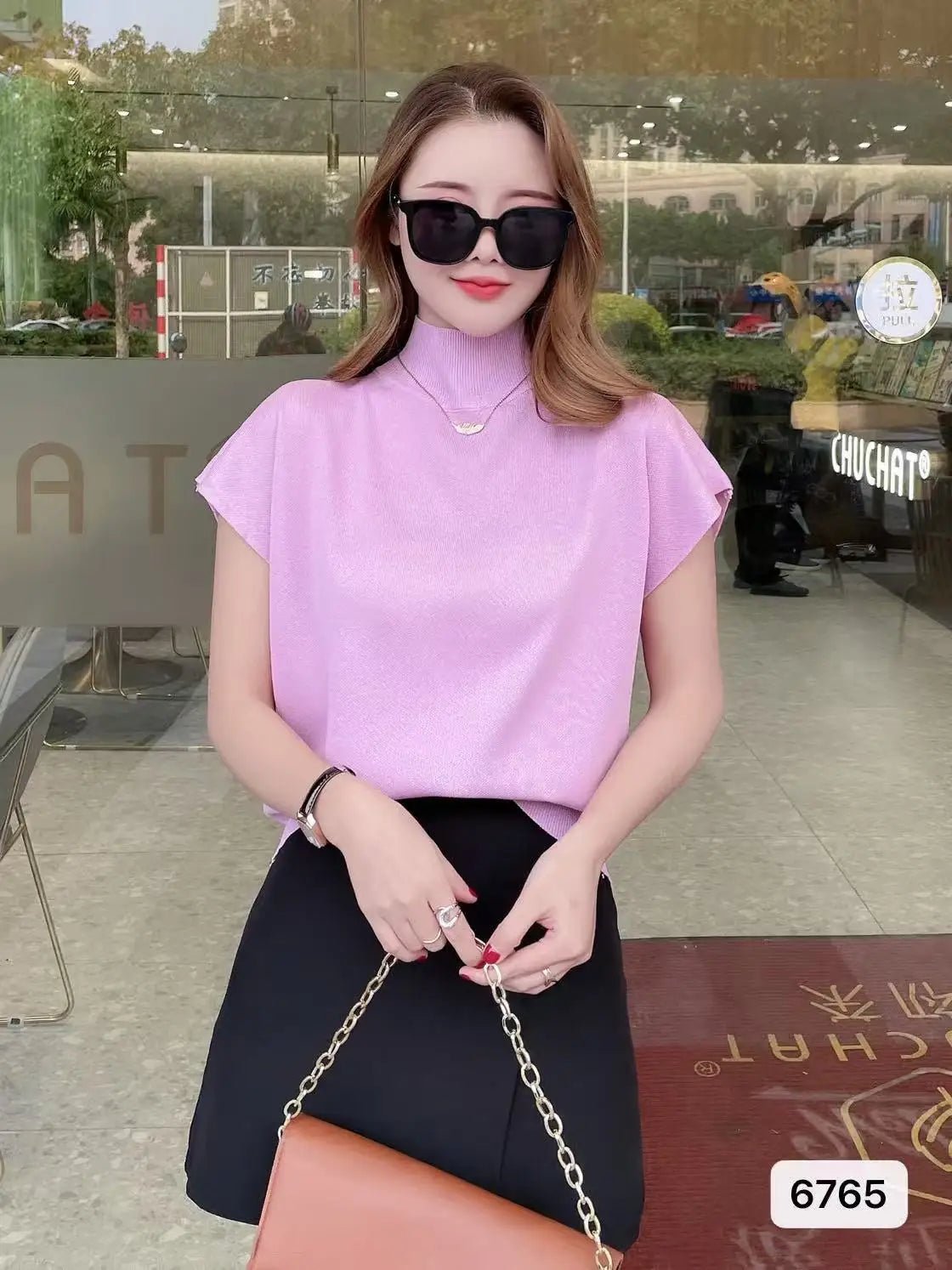 Women's Summer Semi - High Neck Top Thin Knit Outer Wear Short Loose Slim - Fit Short Sleeve T-Shirt - Zeprah
