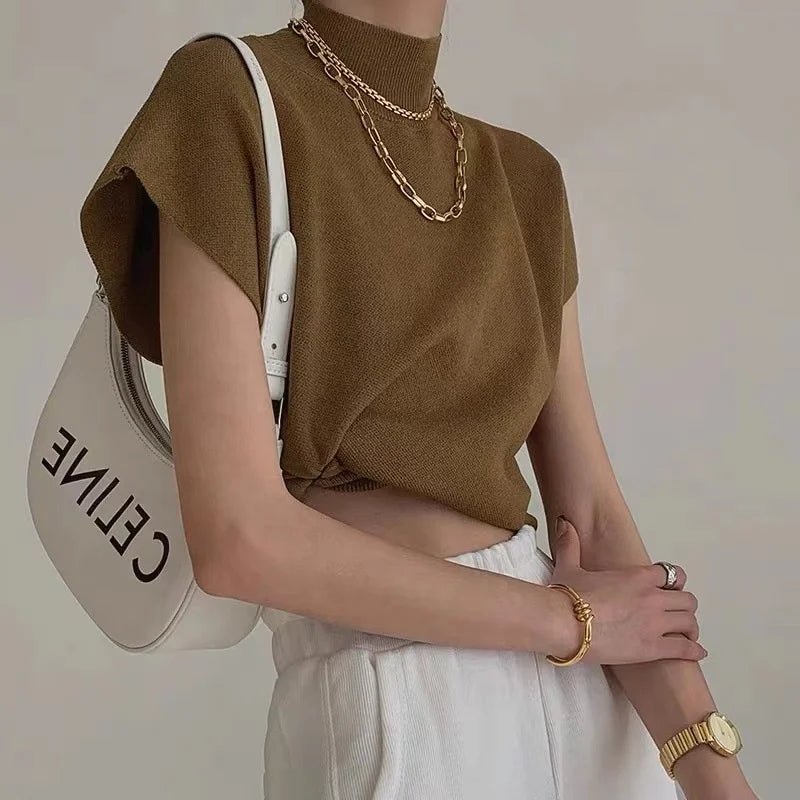 Women's Summer Semi - High Neck Top Thin Knit Outer Wear Short Loose Slim - Fit Short Sleeve T-Shirt - Zeprah