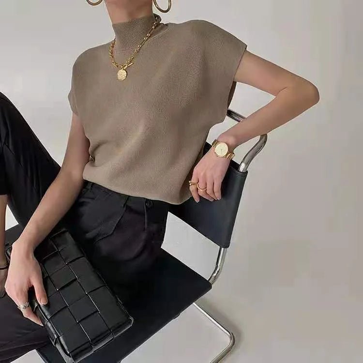 Women's Summer Semi - High Neck Top Thin Knit Outer Wear Short Loose Slim - Fit Short Sleeve T-Shirt - Zeprah