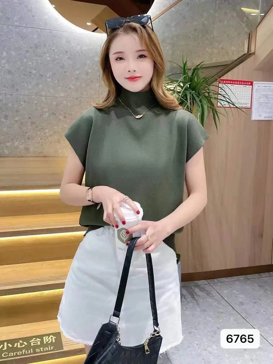 Women's Summer Semi - High Neck Top Thin Knit Outer Wear Short Loose Slim - Fit Short Sleeve T-Shirt - Zeprah