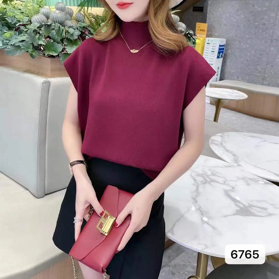 Women's Summer Semi - High Neck Top Thin Knit Outer Wear Short Loose Slim - Fit Short Sleeve T-Shirt - Zeprah