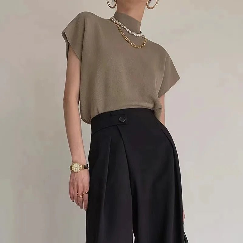 Women's Summer Semi - High Neck Top Thin Knit Outer Wear Short Loose Slim - Fit Short Sleeve T-Shirt - Zeprah