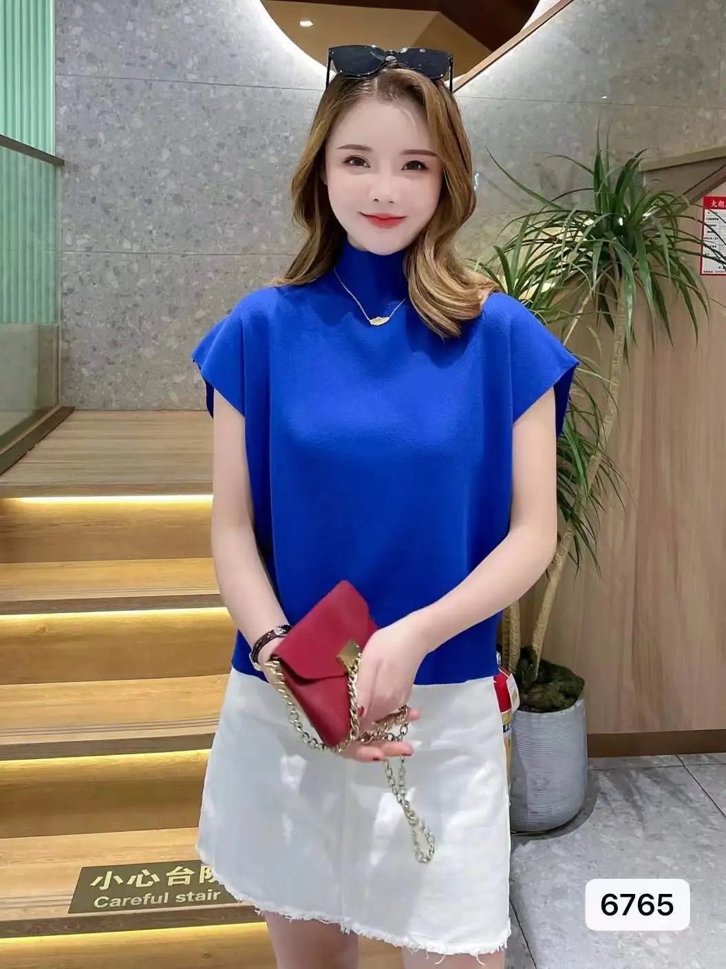 Women's Summer Semi - High Neck Top Thin Knit Outer Wear Short Loose Slim - Fit Short Sleeve T-Shirt - Zeprah