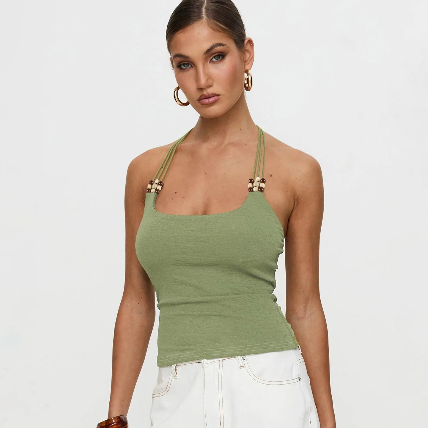 Women's Summer Short Patchwork Knitted Sexy V - Neck Sequin Lace - Up Backless Tank Top for Club & Date Night - Zeprah
