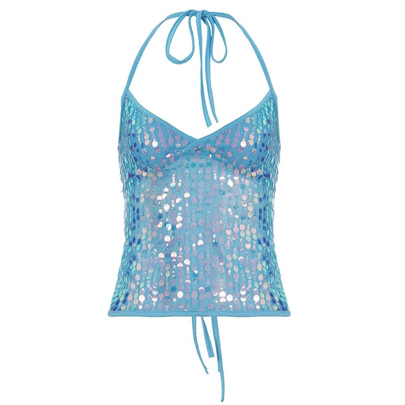 Women's Summer Short Patchwork Knitted Sexy V - Neck Sequin Lace - Up Backless Tank Top for Club & Date Night - Zeprah