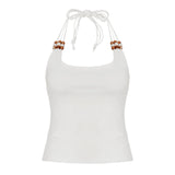 Women's Summer Short Patchwork Knitted Sexy V - Neck Sequin Lace - Up Backless Tank Top for Club & Date Night - Zeprah