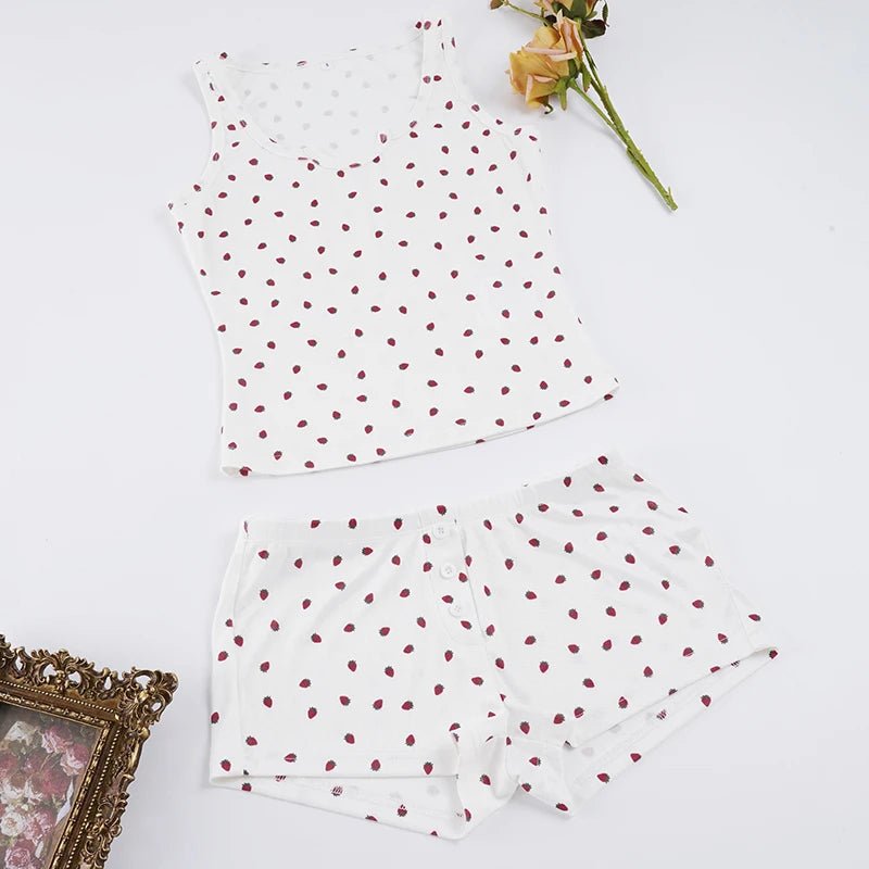 Women's Summer Strawberry Print Matching 2 - Piece Set Cute Sleeveless Camisole Skinny Shorts Casual Breathable Eco - Friendly - Zeprah