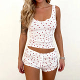 Women's Summer Strawberry Print Matching 2 - Piece Set Cute Sleeveless Camisole Skinny Shorts Casual Breathable Eco - Friendly - Zeprah
