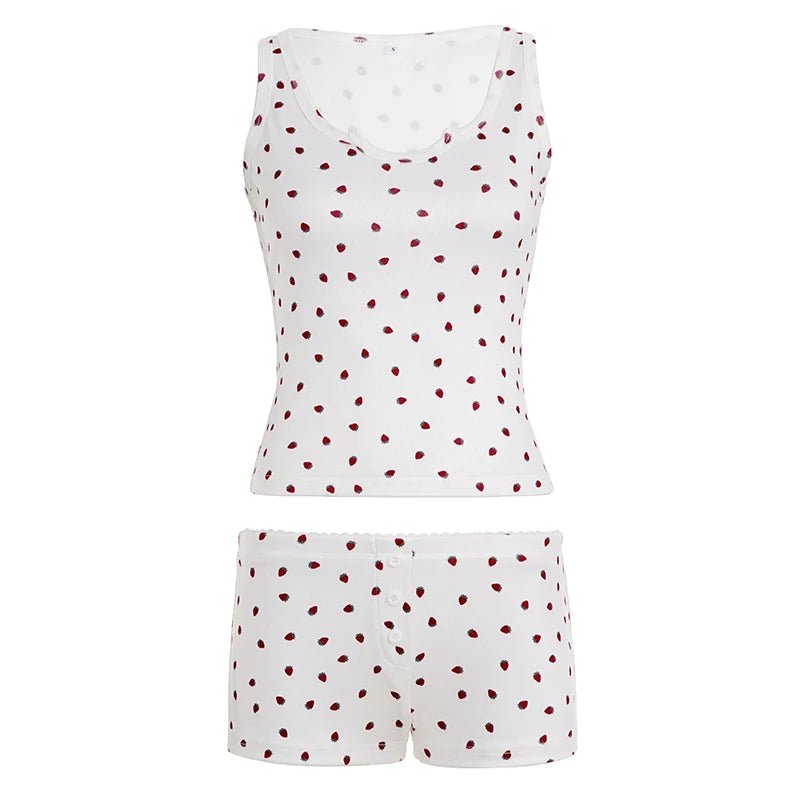 Women's Summer Strawberry Print Matching 2 - Piece Set Cute Sleeveless Camisole Skinny Shorts Casual Breathable Eco - Friendly - Zeprah