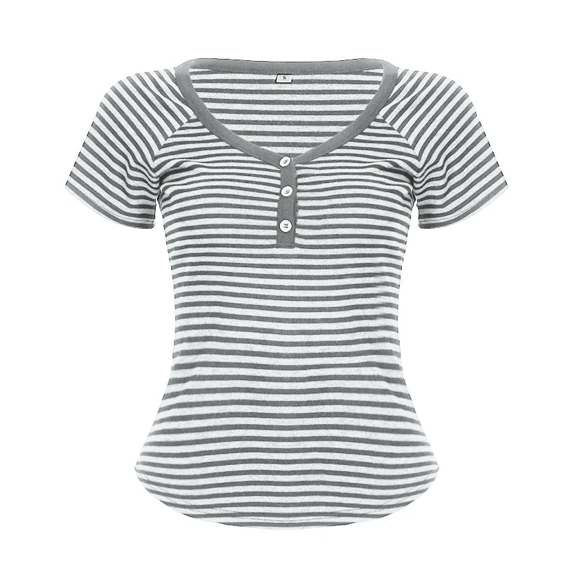 Women's Summer Vintage Basic V - Neck Knitted Pullover Sweater Short Sleeve Button Detail Striped Y2K Fashion Tee Slim Fit Casual - Zeprah