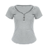 Women's Summer Vintage Basic V - Neck Knitted Pullover Sweater Short Sleeve Button Detail Striped Y2K Fashion Tee Slim Fit Casual - Zeprah