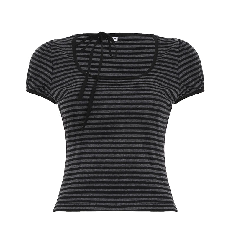 Women's Summer Vintage Basic V - Neck Knitted Pullover Sweater Short Sleeve Button Detail Striped Y2K Fashion Tee Slim Fit Casual - Zeprah