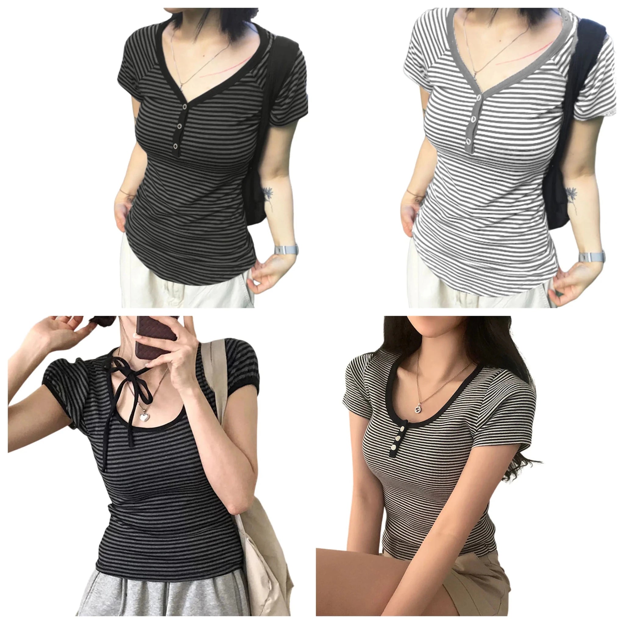 Women's Summer Vintage Basic V - Neck Knitted Pullover Sweater Short Sleeve Button Detail Striped Y2K Fashion Tee Slim Fit Casual - Zeprah